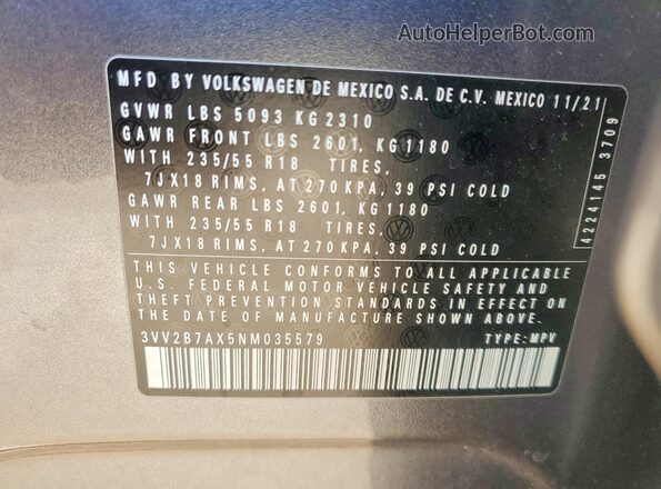 3VV2B7AX5NM035579 2022 VOLKSWAGEN TIGUAN Gray Вид підкапотного простору