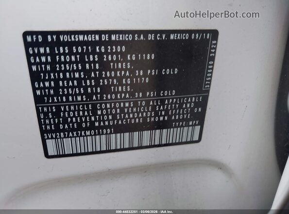 3VV2B7AX7KM011991 2019 VOLKSWAGEN TIGUAN Белый Вид подкапотного пространства
