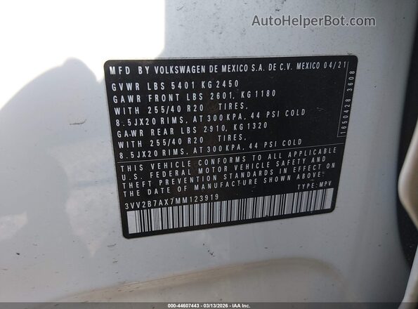 3VV2B7AX7MM123919 2021 VOLKSWAGEN TIGUAN Белый Вид подкапотного пространства