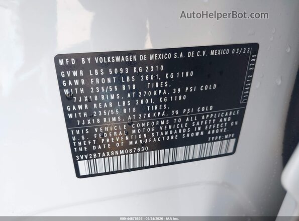 3VV2B7AX8NM087630 2022 VOLKSWAGEN TIGUAN White Widok komory silnika
