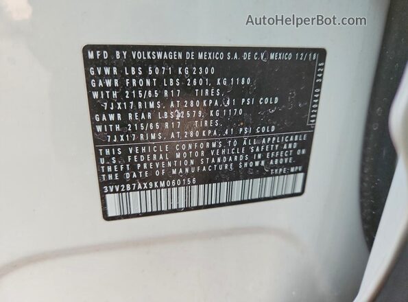3VV2B7AX9KM060156 2019 VOLKSWAGEN TIGUAN Белый Вид подкапотного пространства