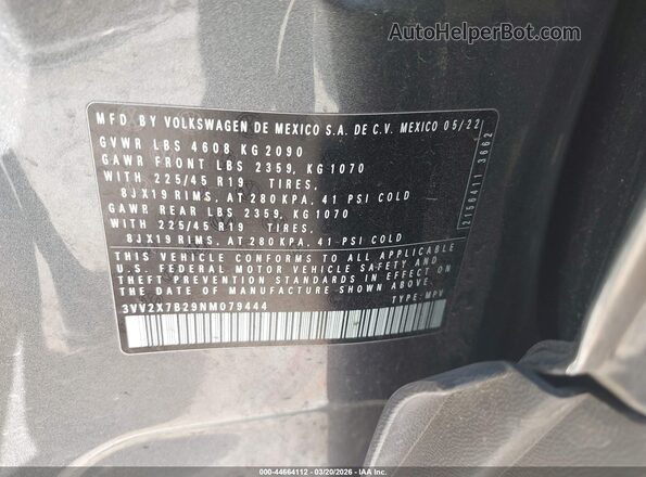 3VV2X7B29NM079444 2022 VOLKSWAGEN TAOS Серый Вид подкапотного пространства