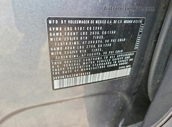 3VV3B7AX2KM189358 2019 VOLKSWAGEN TIGUAN Charcoal Widok naklejki z numerem VIN