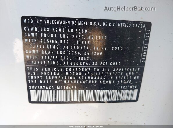 3VV3B7AX3LM176457 2020 VOLKSWAGEN TIGUAN White Vista del compartimento del motor