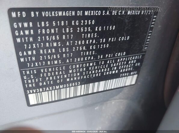 3VV3B7AX3MM058653 2021 VOLKSWAGEN TIGUAN Серый Вид подкапотного пространства