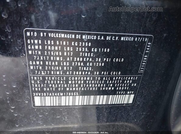 3VV3B7AX4KM178555 2019 VOLKSWAGEN TIGUAN Black Շարժիչի բաժամունքի տեսք