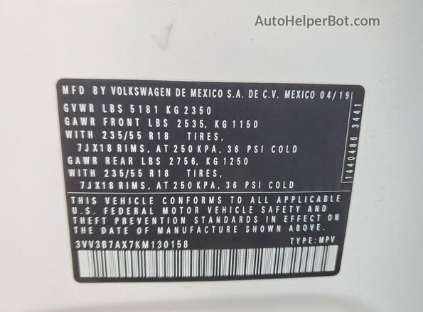 3VV3B7AX7KM130158 2019 VOLKSWAGEN TIGUAN White Vista de la etiqueta del VIN