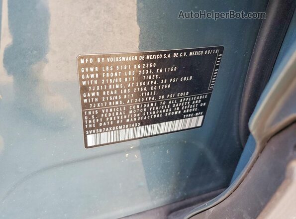 3VV3B7AX8KM201433 2019 VOLKSWAGEN TIGUAN Бирюзовый Вид наклейки с VIN-кодом