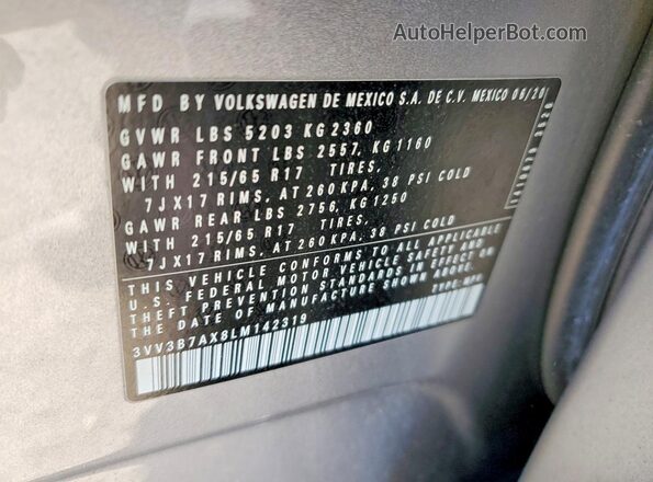 3VV3B7AX8LM142319 2020 VOLKSWAGEN TIGUAN Silver Widok naklejki z numerem VIN