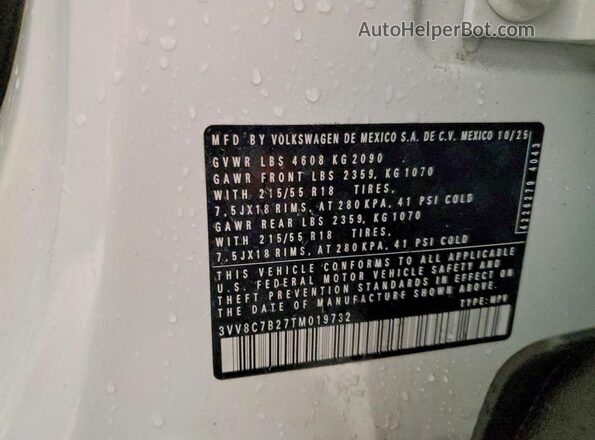 3VV8C7B27TM019732 2026 VOLKSWAGEN TAOS Белый Вид наклейки с VIN-кодом