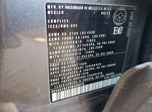 3VVAX7B23PM309672 2023 VOLKSWAGEN TAOS Серый Вид наклейки с VIN-кодом