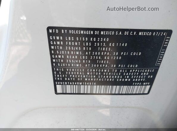 3VVCB7AX4RM154914 2024 VOLKSWAGEN TIGUAN White Widok komory silnika