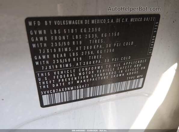 3VVCB7AX9NM166471 2022 VOLKSWAGEN TIGUAN White Engine compartment view