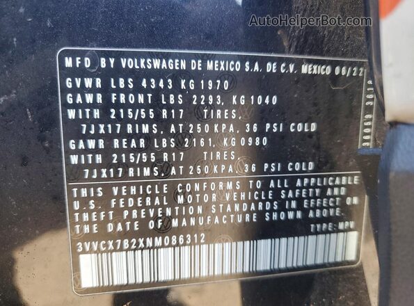 3VVCX7B2XNM086312 2022 VOLKSWAGEN TAOS Black Widok naklejki z numerem VIN
