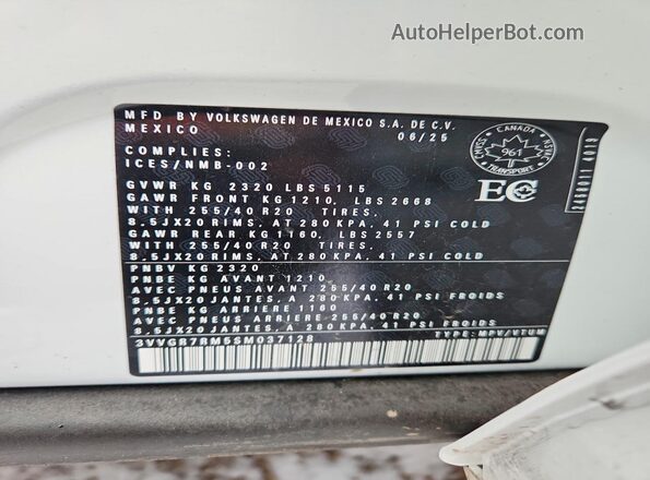 3VVGR7RM5SM037128 2025 VOLKSWAGEN TIGUAN Белый Вид наклейки с VIN-кодом