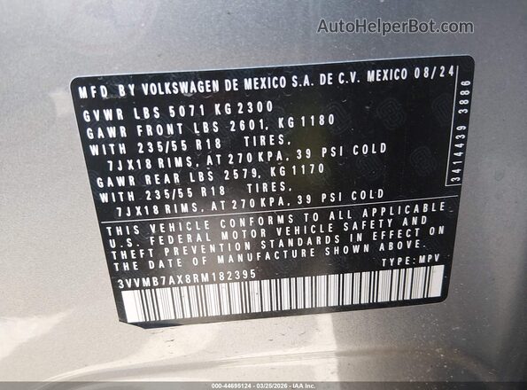 3VVMB7AX8RM182395 2024 VOLKSWAGEN TIGUAN Gray Вид підкапотного простору