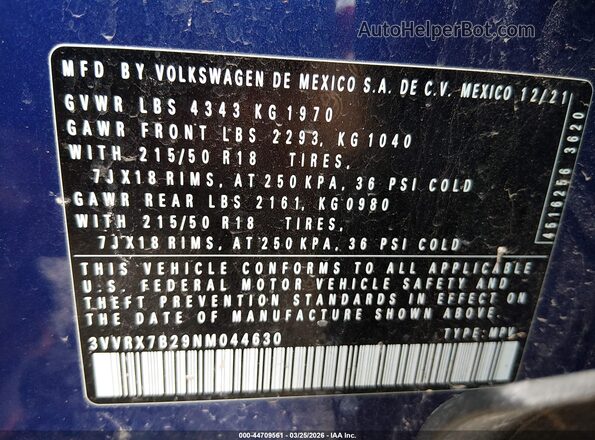 3VVRX7B29NM044630 2022 VOLKSWAGEN TAOS Blue Widok komory silnika