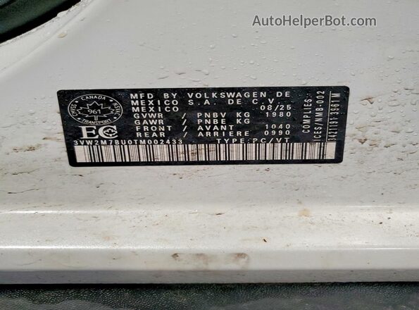 3VW2M7BU0TM002433 2026 VOLKSWAGEN JETTA Белый Вид наклейки с VIN-кодом