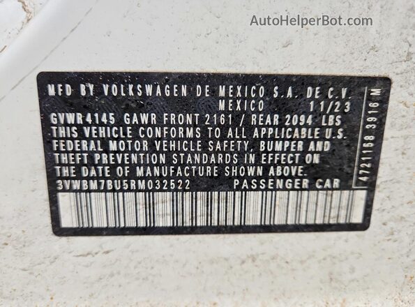 3VWBM7BU5RM032522 2024 VOLKSWAGEN JETTA Белый Вид наклейки с VIN-кодом