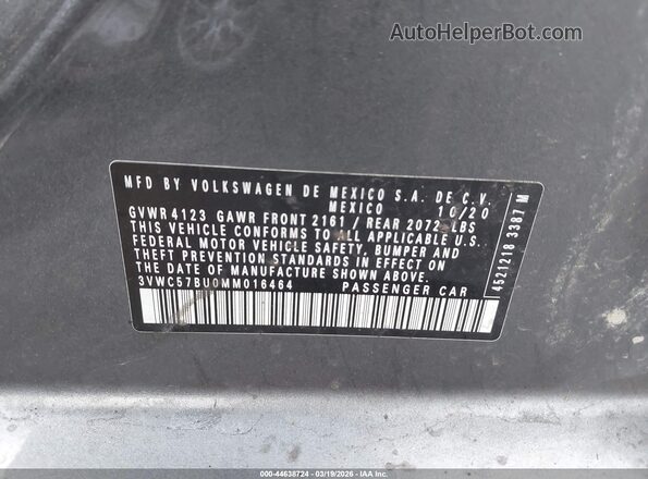 3VWC57BU0MM016464 2021 VOLKSWAGEN JETTA Серый Вид подкапотного пространства