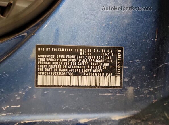 3VWC57BU2KM204786 2019 VOLKSWAGEN JETTA Blue VIN კოდის სტიკერის ხედი