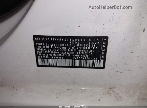 3VWC57BU2LM086501 2020 VOLKSWAGEN JETTA White Вид підкапотного простору