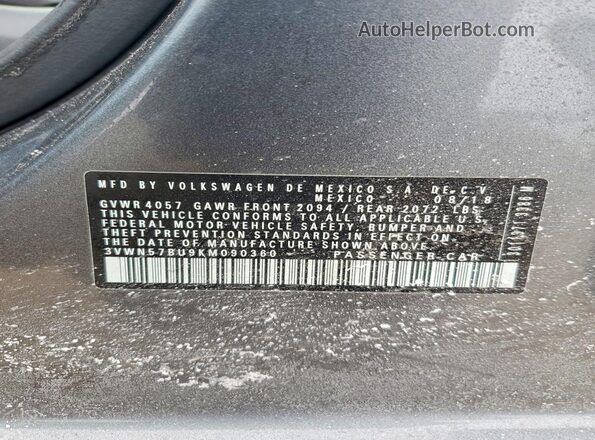 3VWN57BU9KM090360 2019 VOLKSWAGEN JETTA Gray Շարժիչի բաժամունքի տեսք