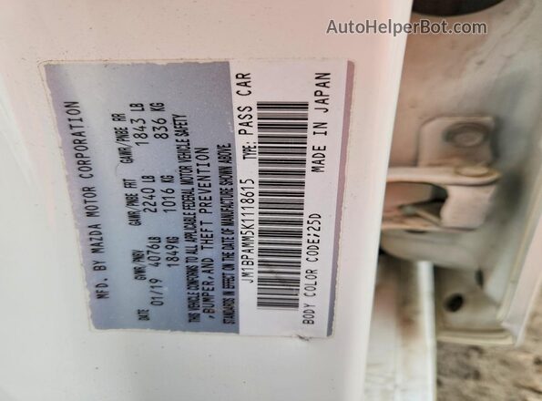 JM1BPAMM5K1118615 2019 MAZDA 3 White VIN კოდის სტიკერის ხედი
