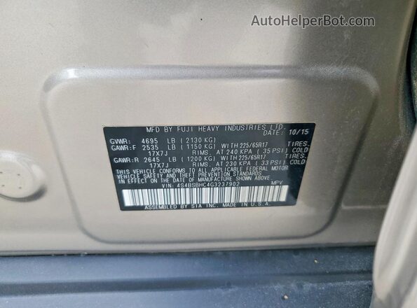 4S4BSBHC4G3237902 2016 SUBARU OUTBACK Серый Вид наклейки с VIN-кодом
