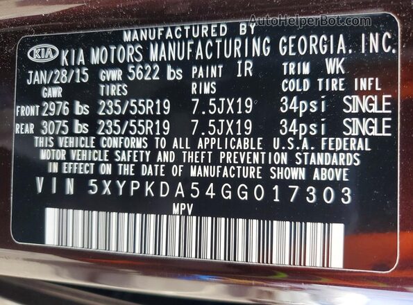 5XYPKDA54GG017303 2016 KIA SORENTO Фиолетовый 