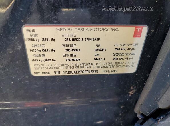 5YJXCAE27GF016861 2016 TESLA MODEL Черный Вид наклейки с VIN-кодом