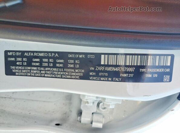 ZARFAMBN4R7679997 2024 ALFA ROMEO GIULIA Белый Вид наклейки с VIN-кодом