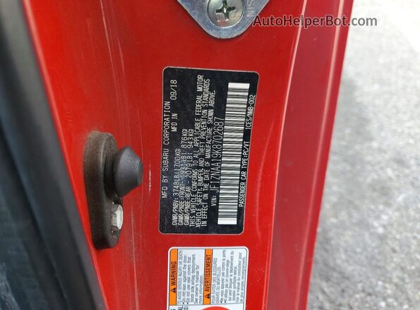 JF1ZNAA19K8702687 2019 TOYOTA 86 Красный Вид наклейки с VIN-кодом