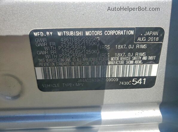 JA4AD2A39KZ009009 2019 MITSUBISHI OUTLANDER Серебряный Вид наклейки с VIN-кодом