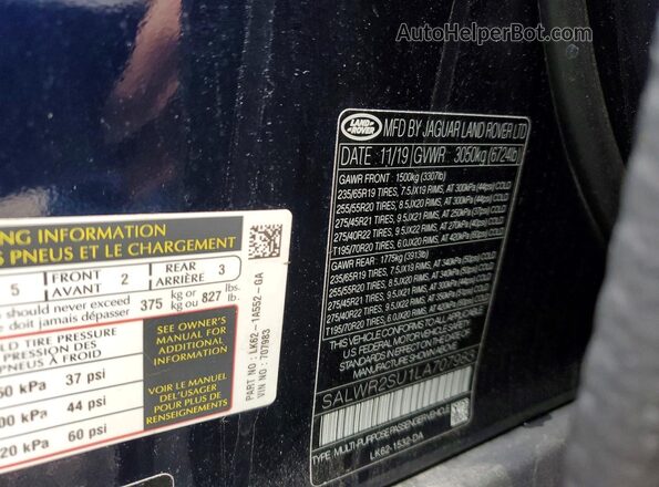 SALWR2SU1LA707983 2020 LAND ROVER RANGE Blue Widok naklejki z numerem VIN