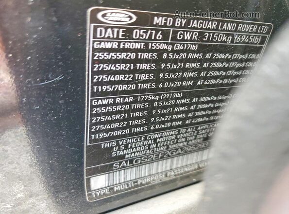 SALGS2EF2GA295293 2016 LAND ROVER RANGE Black Widok naklejki z numerem VIN
