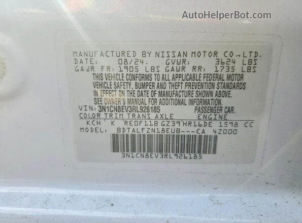 3N1CN8EV3RL926185 2024 NISSAN VERSA Двухцветный Вид наклейки с VIN-кодом