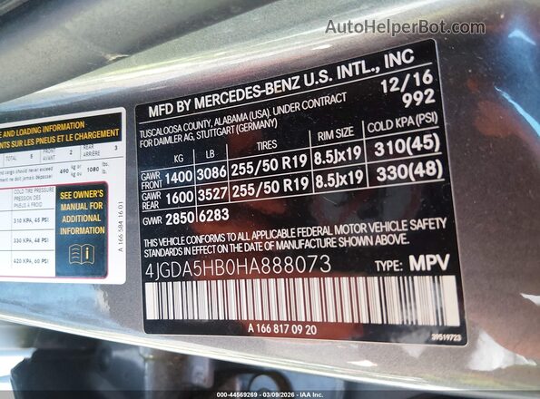 4JGDA5HB0HA888073 2017 MERCEDES-BENZ GLE 350 Gray Widok komory silnika