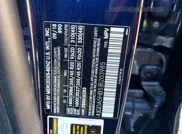4JGDA5HB5JB203985 2018 MERCEDES-BENZ GLE Синий Вид наклейки с VIN-кодом