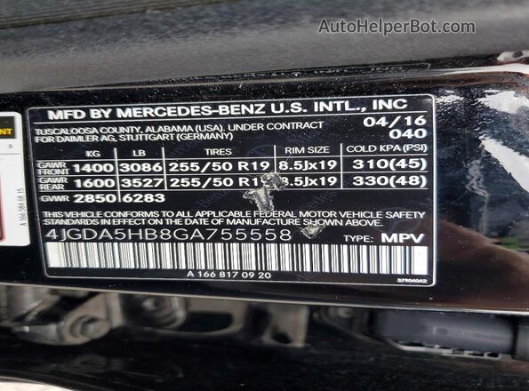 4JGDA5HB8GA755558 2016 MERCEDES-BENZ GLE Черный Вид наклейки с VIN-кодом