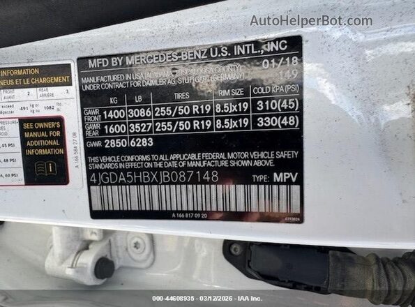4JGDA5HBXJB087148 2018 MERCEDES-BENZ GLE 350 Белый Вид наклейки с VIN-кодом
