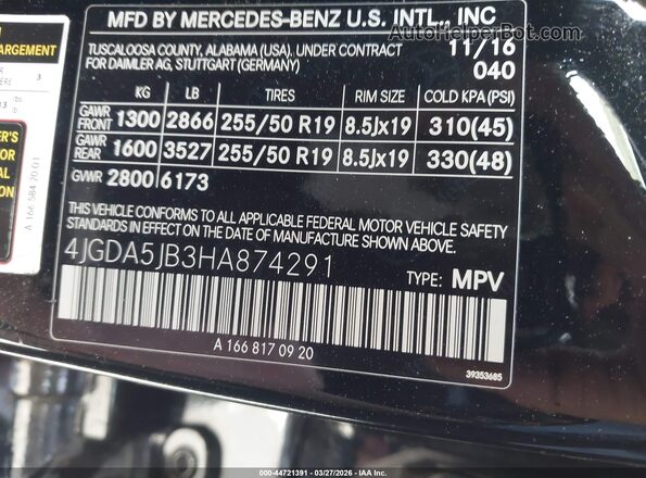 4JGDA5JB3HA874291 2017 MERCEDES-BENZ GLE 350 Черный Вид подкапотного пространства