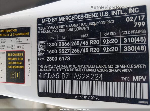 4JGDA5JB7HA928224 2017 MERCEDES-BENZ GLE 350 White Widok komory silnika