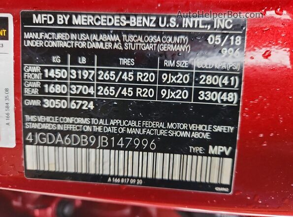 4JGDA6DB9JB147996 2018 MERCEDES-BENZ GLE Красный Вид наклейки с VIN-кодом