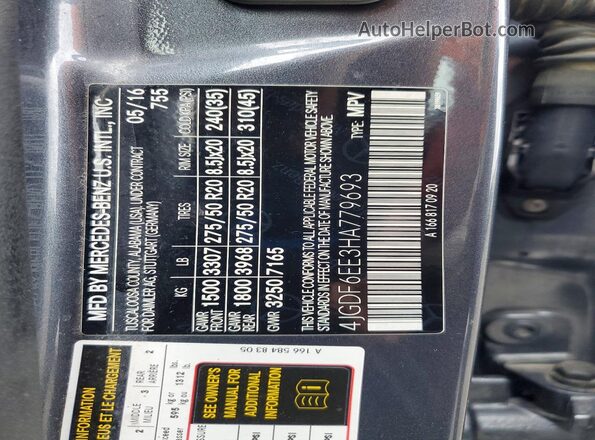 4JGDF6EE3HA779693 2017 MERCEDES-BENZ GLS-CLASS Charcoal Widok naklejki z numerem VIN