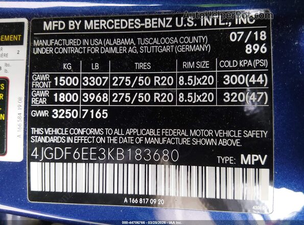 4JGDF6EE3KB183680 2019 MERCEDES-BENZ GLS 450 Blue Widok komory silnika