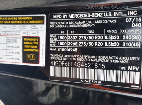 4JGDF6EE4GA621815 2016 MERCEDES-BENZ GL-CLASS Black VIN կոդի պիտակի տեսք