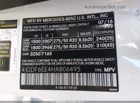 4JGDF6EE4HA806495 2017 MERCEDES-BENZ GLS 450 Белый Вид подкапотного пространства