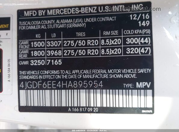 4JGDF6EE4HA895954 2017 MERCEDES-BENZ GLS 450 White Շարժիչի բաժամունքի տեսք