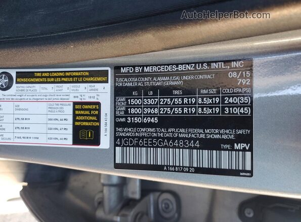 4JGDF6EE5GA648344 2016 MERCEDES-BENZ GL-CLASS Silver Vista de la etiqueta del VIN
